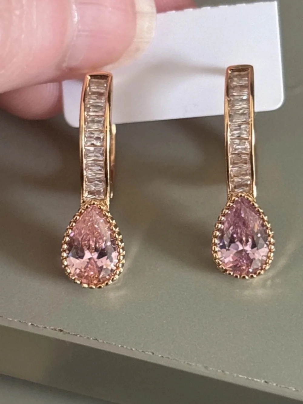 Rose Gold Plated Pink CZ Teardrop Dangle Hoop Earrings Baguette Accent - Picture 6 of 7